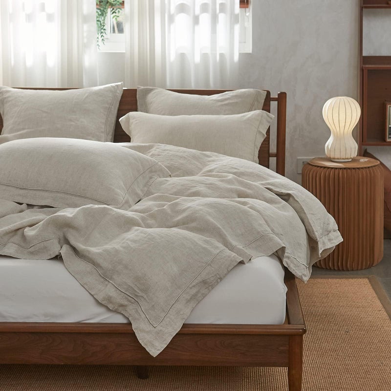 Simple&Opulence 100% Linen Duvet Cover Set with Embroidery Border Washed - 2 Pieces (1 Duvet Cover & 1 Pillow Sham) with Button Closure Soft Breathable Farmhouse - Linen, Twin Size - Image 5